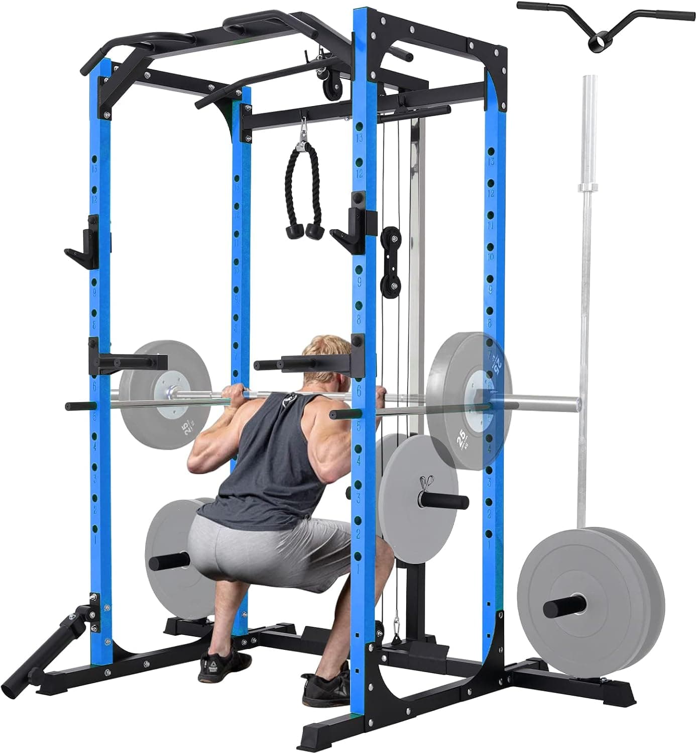 Mikolo Power Cage, Power Rack with LAT Pulldown, Multi-Functional Squat Rack with 230 Pounds Olympic Weight Plates Sets, Squat Cage with More Training Attachments for Home Gym, F4 Versions