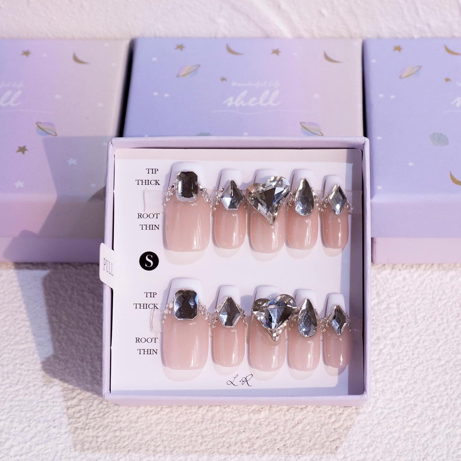 Light Rain French Tip Press on Nails - Crystal, Luxury 3D Bling Handmade with Rhinestones Reusable Gel UV Finished False nails, Hand-Painted with Design by Professional Manicurist, Coffin, Large Size