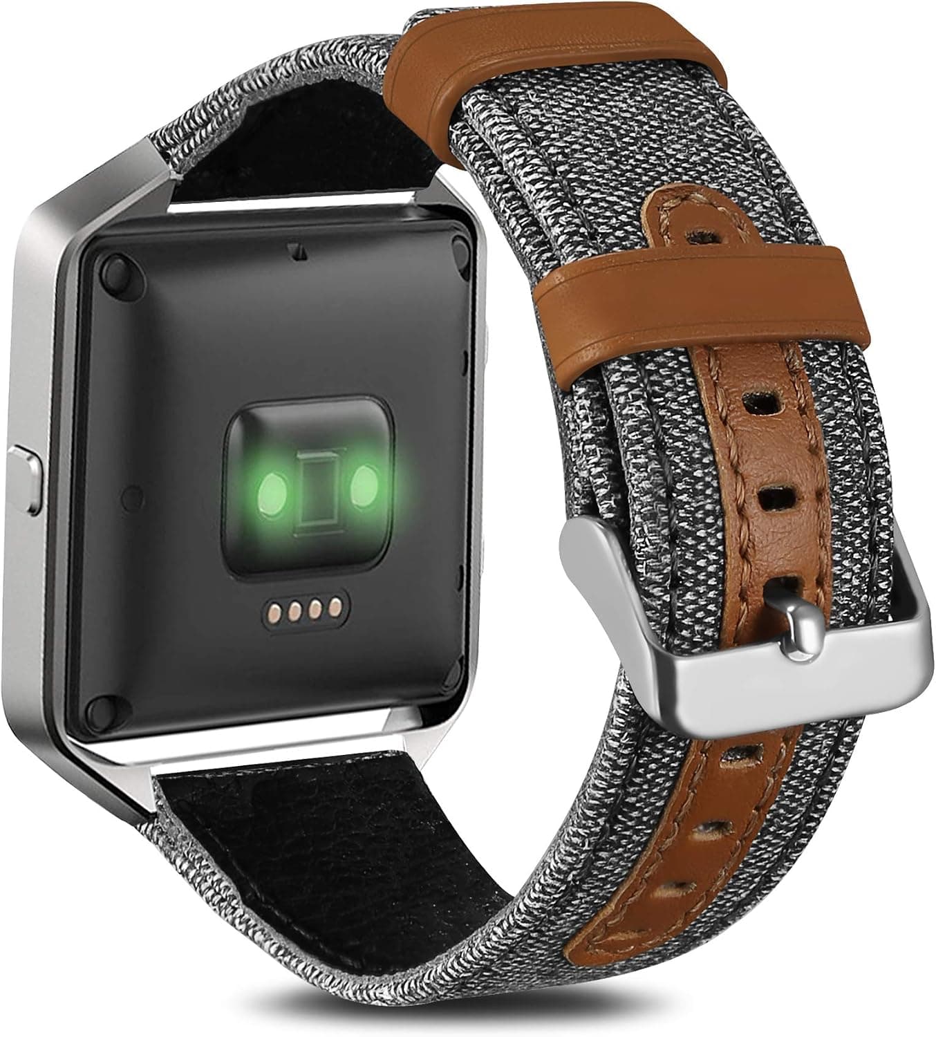 SKYLET Compatible with Fitbit Blaze Bands with Silver Frame, Canvas Fabric Genuine Leather Replacement Wristband Compatible with Fitbit Blaze Men Women Large Small Black Gray White