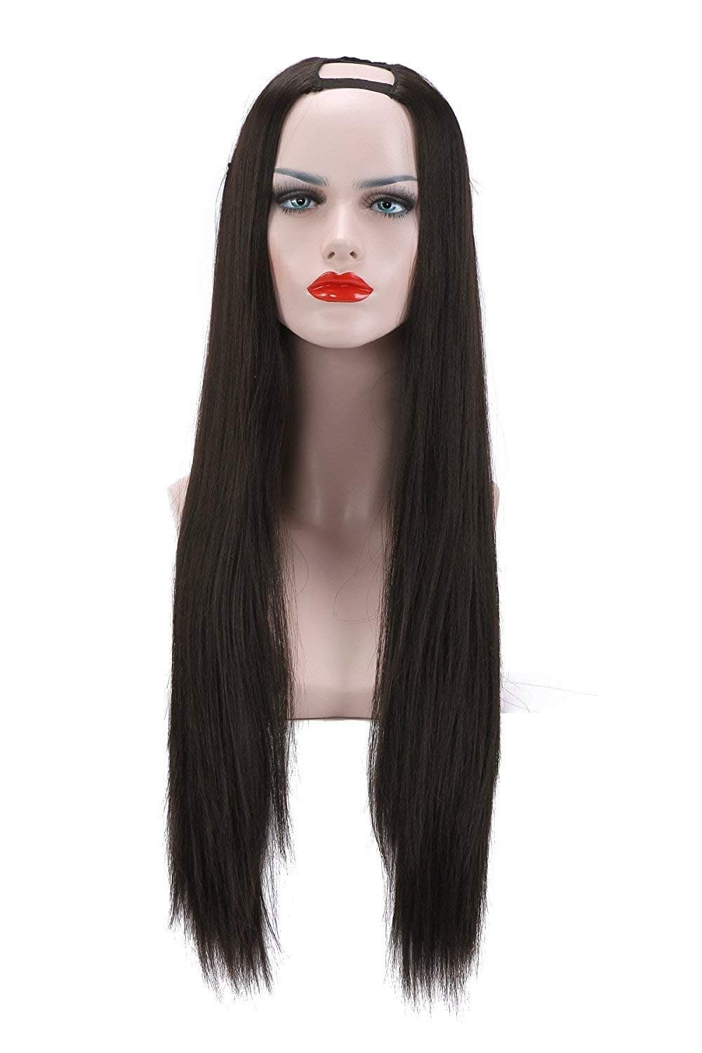 Clip in U part Half Wig For Black Women Black Silky Straight Long Hair Extensions Synthetic Hairpiece Full Head Thick 1Pc None Lace Front Hair Wigs Heat Friendly Fiber 28" UW02&4