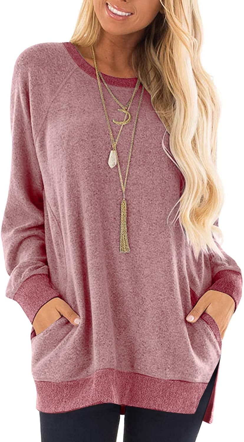 OFEEFAN Womens Casual Color Block Crewneck Sweatshirt Pockets Long Sleeve Tunic Tops for Leggings