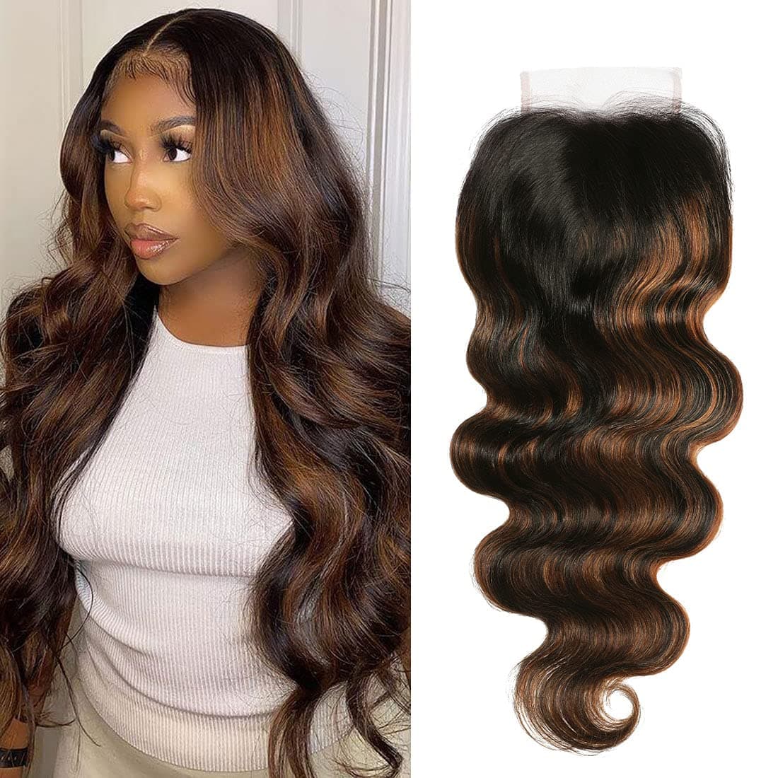 Nadula 12A Brazilian Brown Highlight Body Wave Human Hair 4x4 Free Part Lace Closure, 100% Remy Hair Ombre Higlight Closure with Dark Roots FB30 Color 150% Density (18inch)