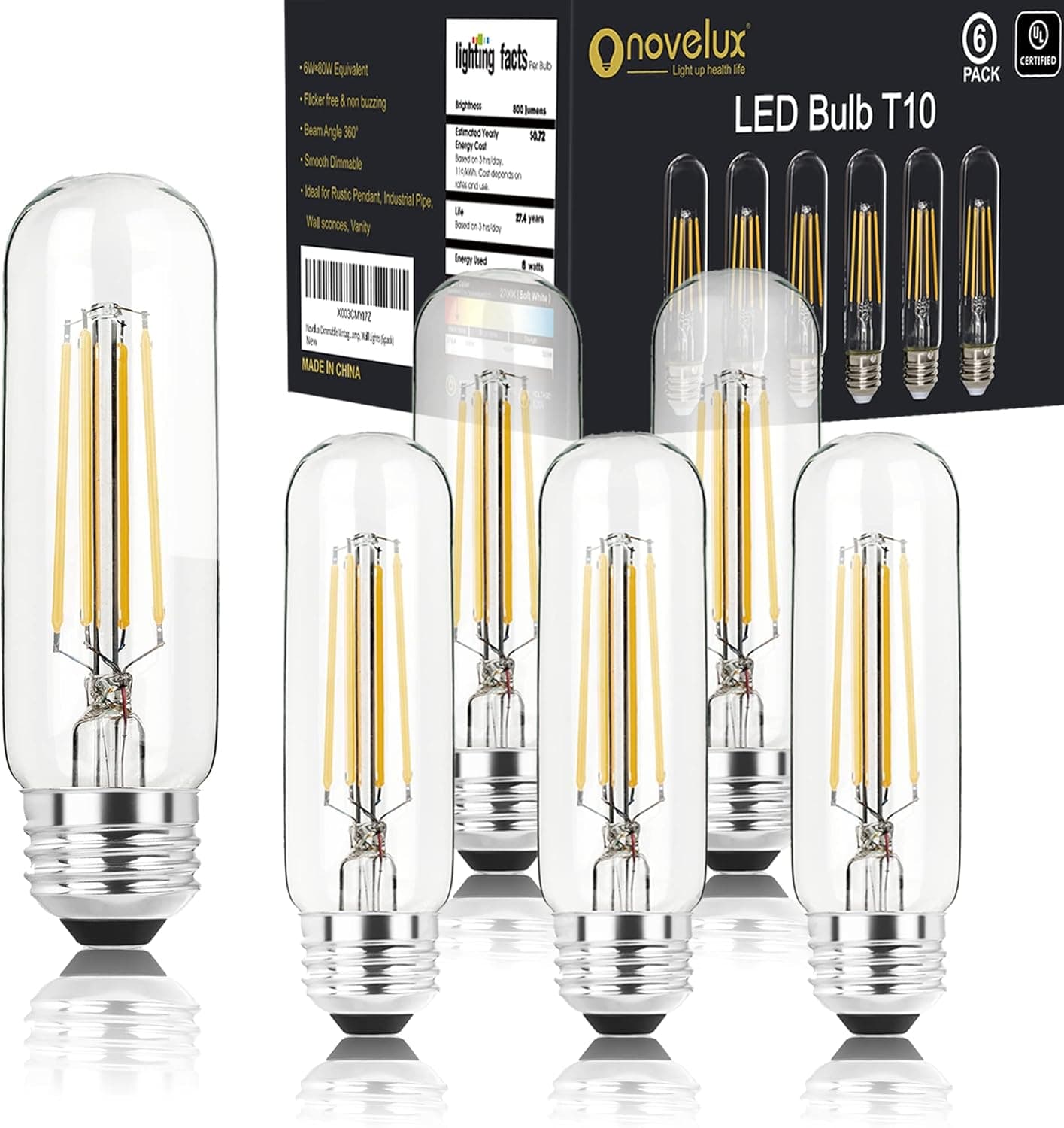 NOVELUX Edison Bulbs,E26 Led Bulb 60 Watt Dimmable,5 Inch Warm White 2700K T10 Light Bulbs,800LM,UL-Certified Vintage Antique Tubular Bulbs for Bathroom Vanity Light,Wall Sconces (6 Pack)