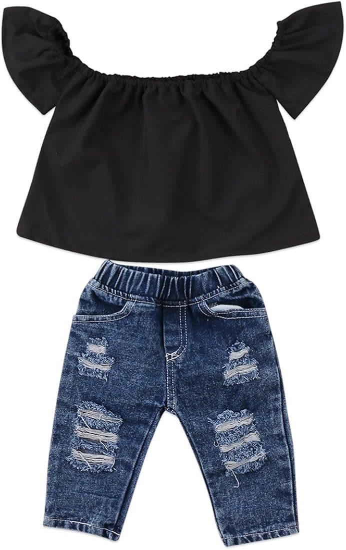 Emmababy Toddler Girls Clothes Kids Baby Off Shoulder Tops Fall Ruffle Sleeve Shirt+Ripped Jeans Long Pants Denim Outfits