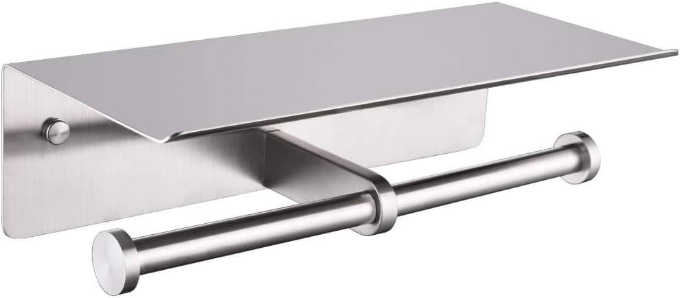 Double Toilet Paper Holder with Shelf Brushed Nickel, APLusee SUS 304 Stainless Steel Contemporary Tissue Roll Holder Mobile Phone Storage Rack…