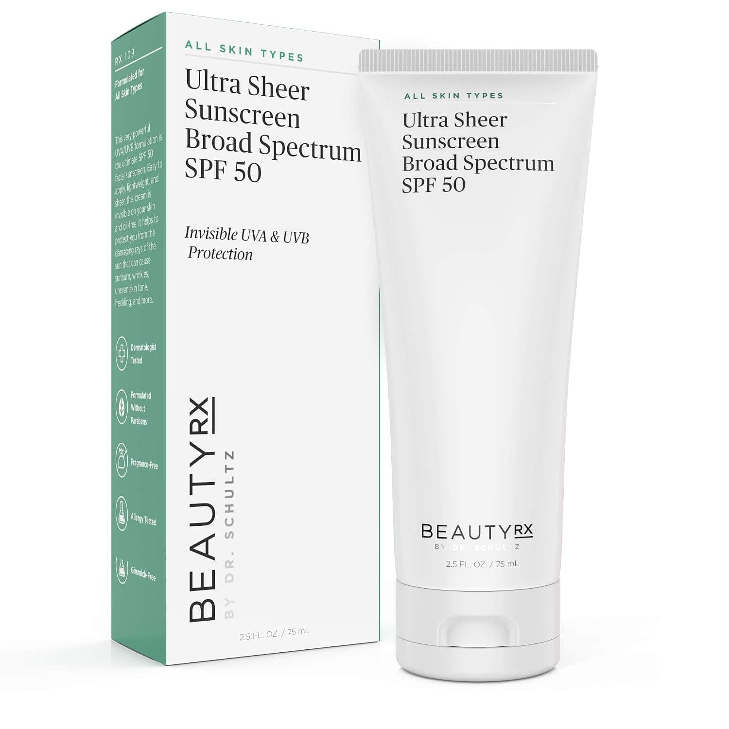 BeautyRx by Dr. Schultz Ultra Sheer SPF 50 Sunscreen Broad Spectrum Protection. Lightweight, Non-Comedogenic, Dermatologist-Tested, Fragrance-Free UVA and UVB Defense with Zinc Oxide & Octinoxate (2.5 oz)