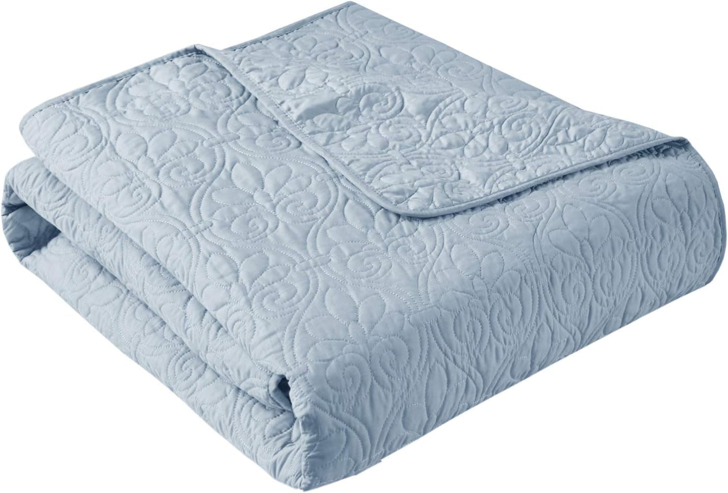 Madison Park Madison Park Luxe Quilted Throw Blanket - Damask Stitching Design, Cotton Filled Spread, Ultra Soft, Cozy Bedding for Living Room Couch, Sofa, Bed, 60x70", Piping Borders Blue