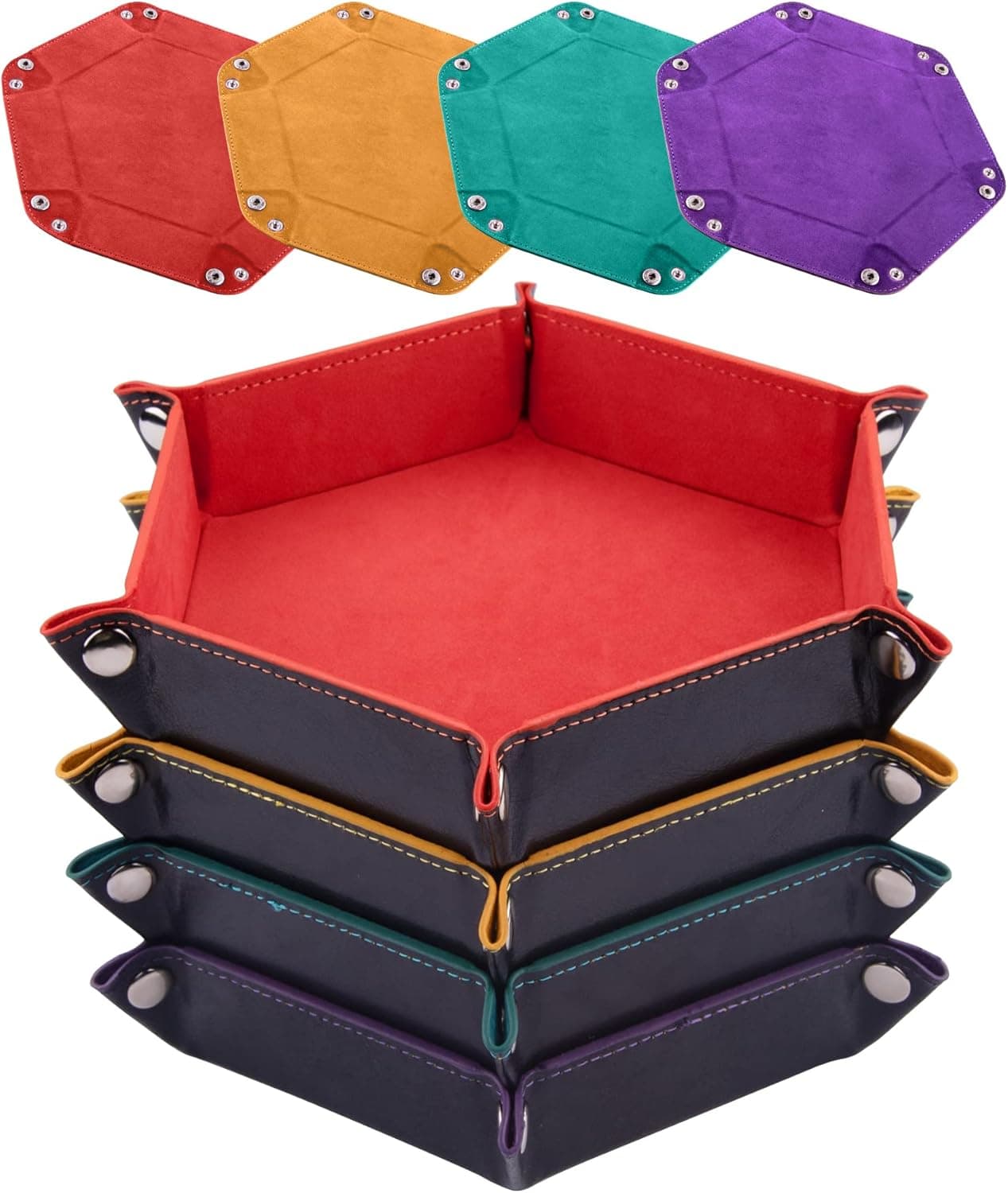 SIQUK 4 Pieces Dice Tray Set Foldable Dice Trays Hexagon Dice Rolling Tray PU Leather Dice Holder for Dice Games Like RPG, DND and Other Table Games(Orange, Yellow, Cyan, Violet)