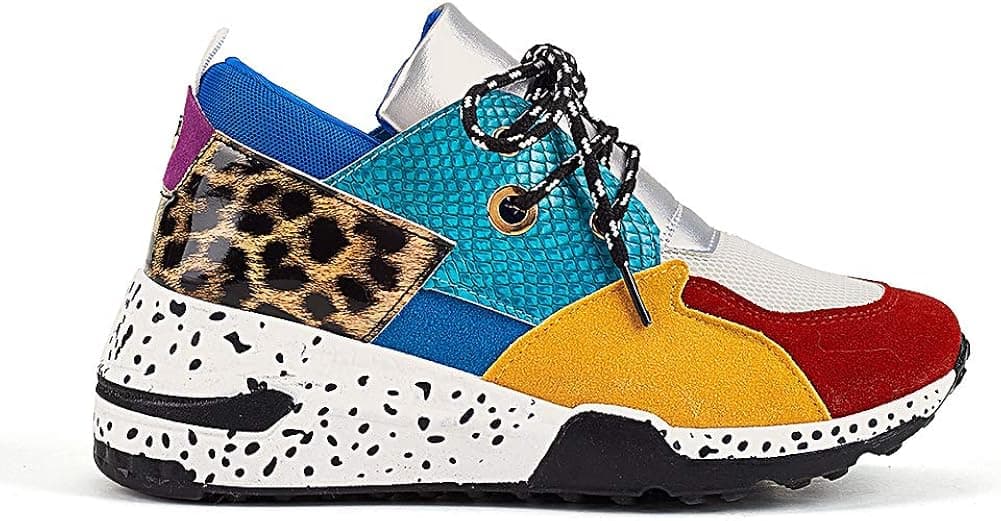 LUCKY STEP Women's Leopard Colorblock lace up Sneakers Cosy Chunky Climbing Hiking Running Shoes.