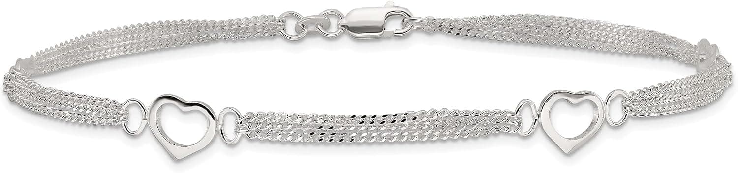 Brilliant Bijou .925 Sterling Silver Open Heart Station Style Multi Strand Chain Anklet with Lobster Claw Clasp - 10”