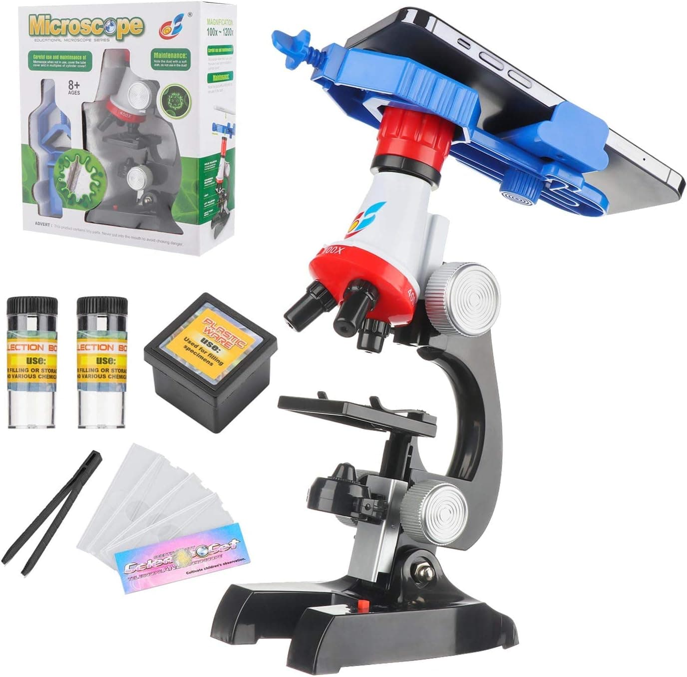 Kids Microscope for Student Beginner w/LED 100X 400x 1200x Magnification (with Phone Clip) Boys Girls Educational Toy Birthday Gift,Interactive Learning, Kids Science Experiment Kits
