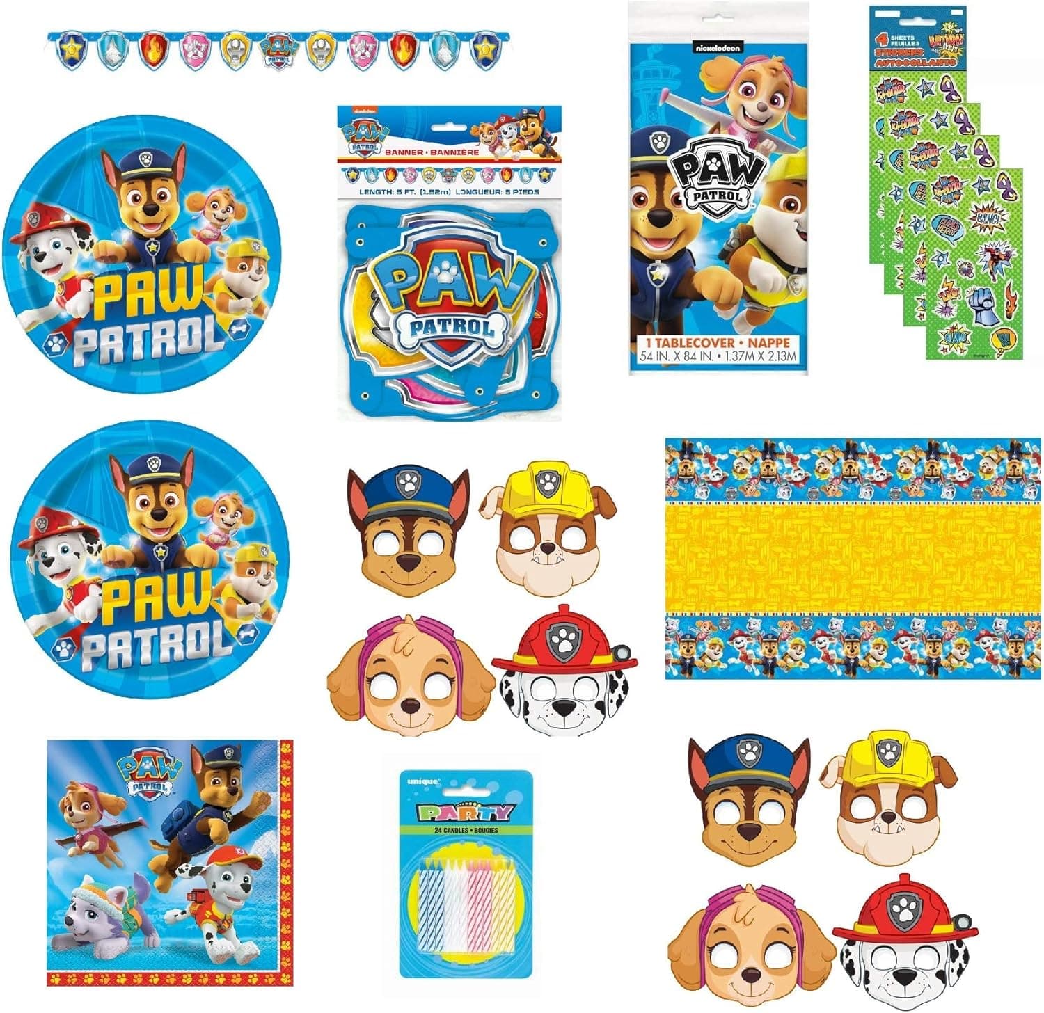 Party Bundle Paw Patrol Birthday Party Supplies Bundle for 16 Includes Lunch Plates, Napkins, Table Cover, Banner, Paper Masks, Candles, Stickers