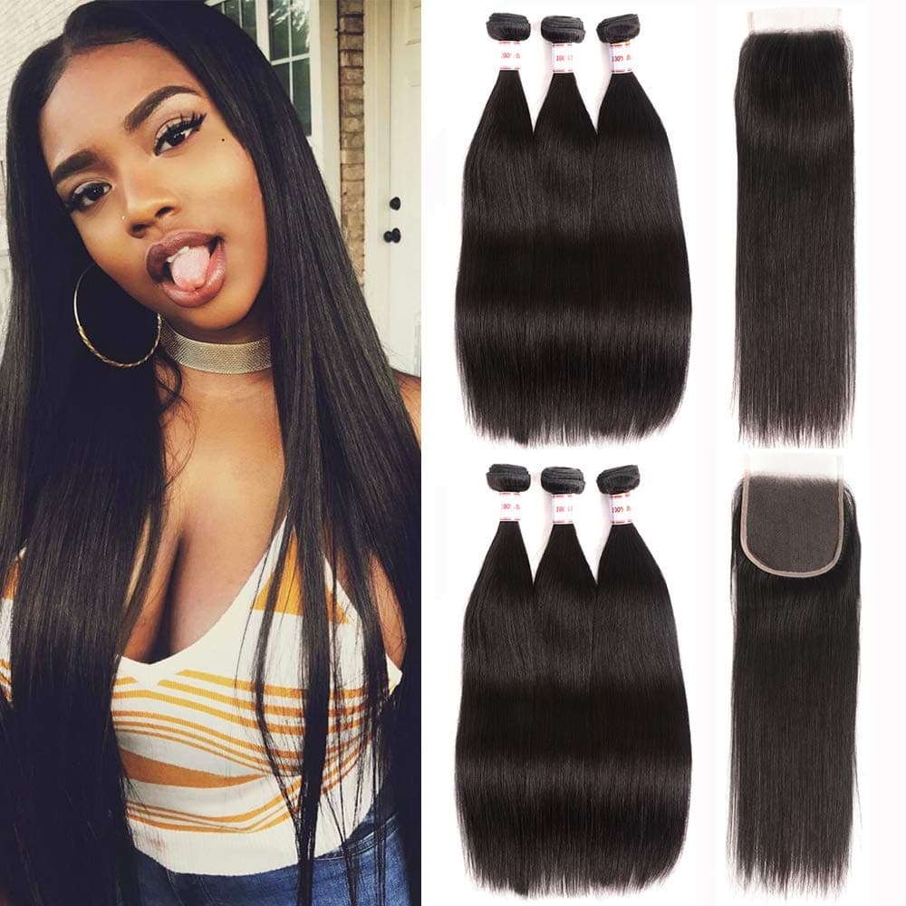 Karbalu Hair 10A Brazilian Straight Hair 3 Bundles with Closure Unprocessed Human Hair Bundles with Free Part Lace Closure Brazilian Virgin Straight Hair(12 14 16+10" Closure)