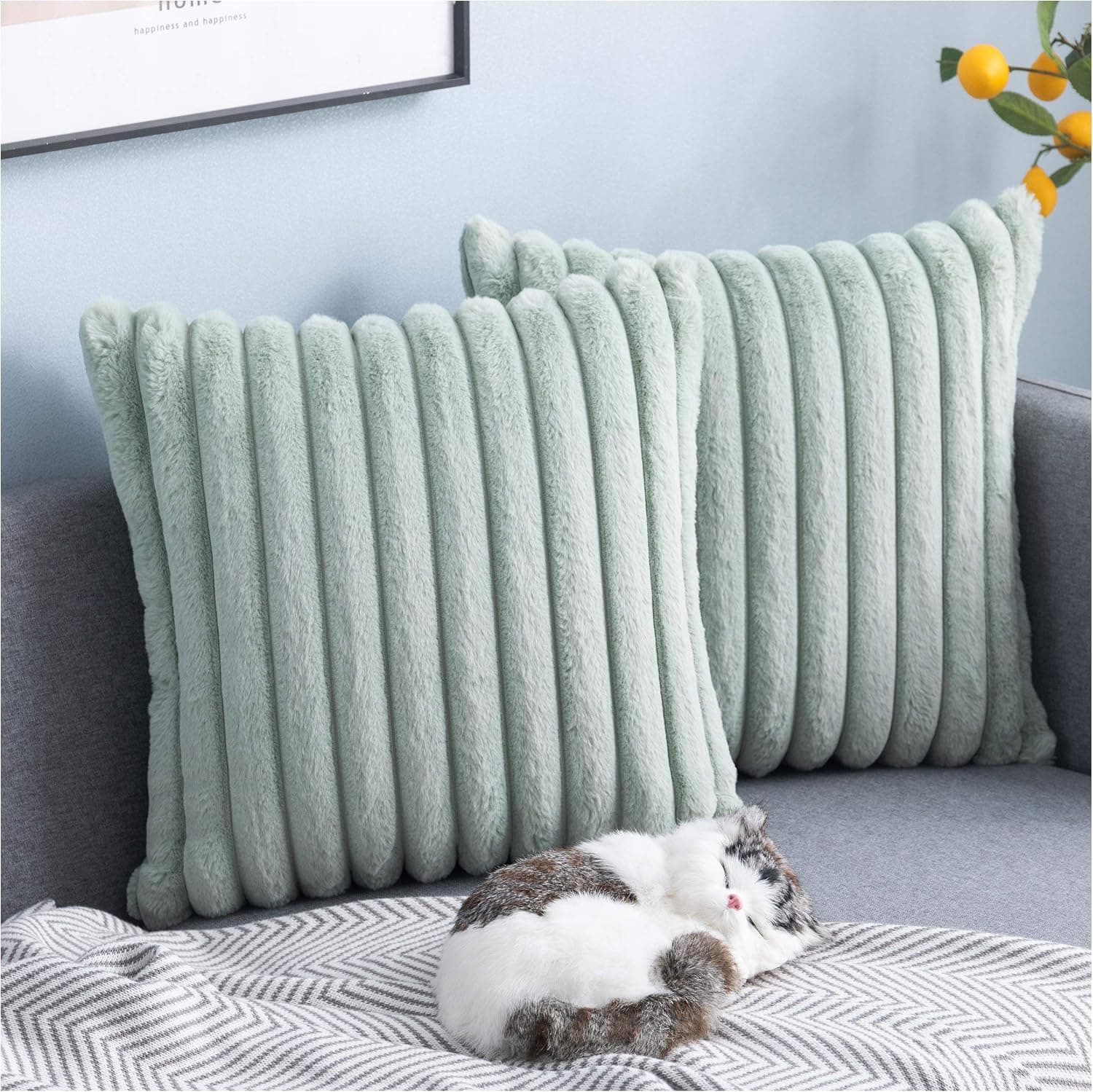 MISELCOUTH Soft Faux Fur Plush Decorative Throw Pillow Covers Furry Striped Pillowcase Cushion Covers for Sofa Couch Bedroom,18"x18" inch, Green, Pack of 2