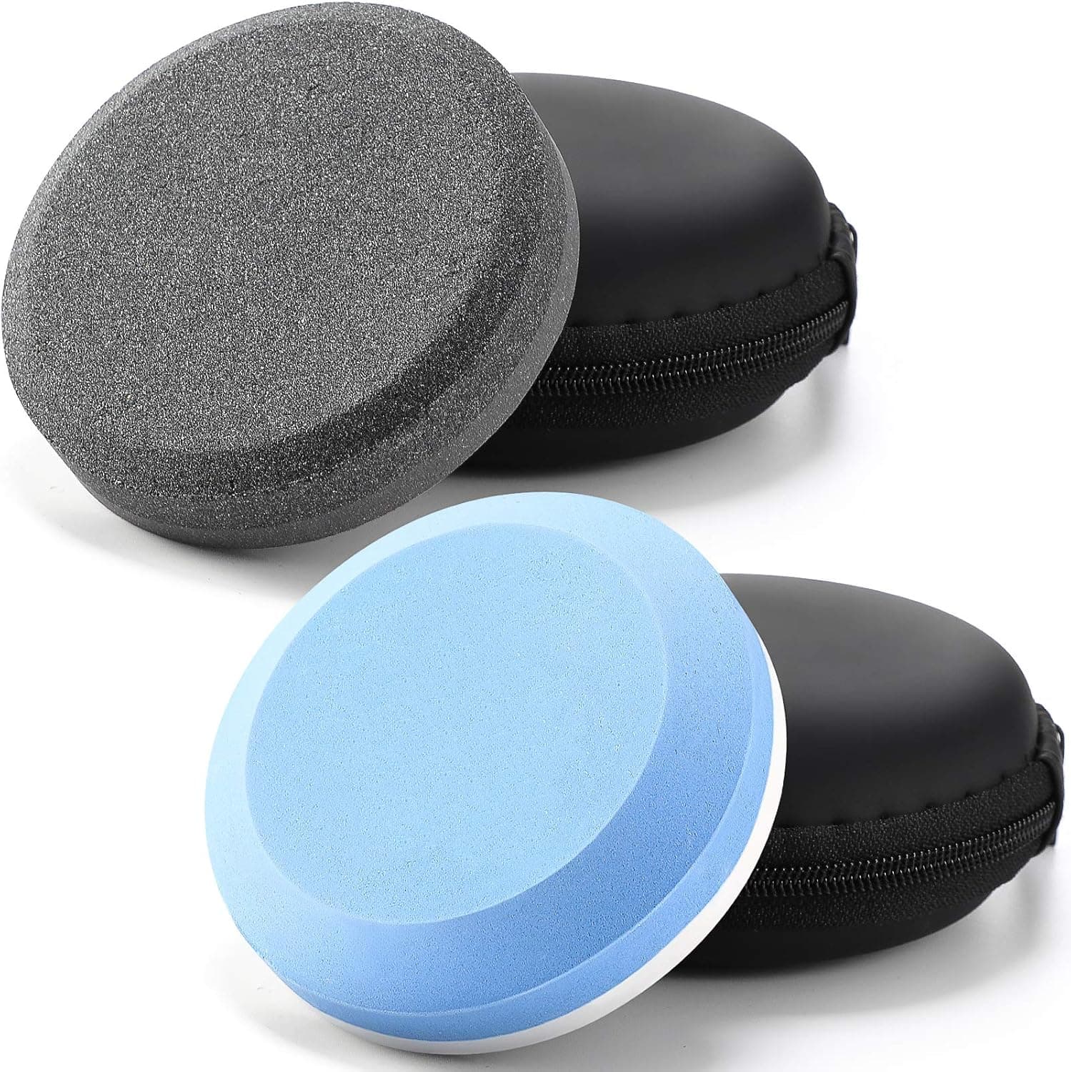 4 Axe Sharpener Tools with Sheath, Multipurpose Axe Sharpener Stone Axe Dual Grit Sharpener Puck Camping Hatchet Sharpening Stone Disk in Black and Blue for Dull Axe Sharpening (Diameter 7.7 cm)