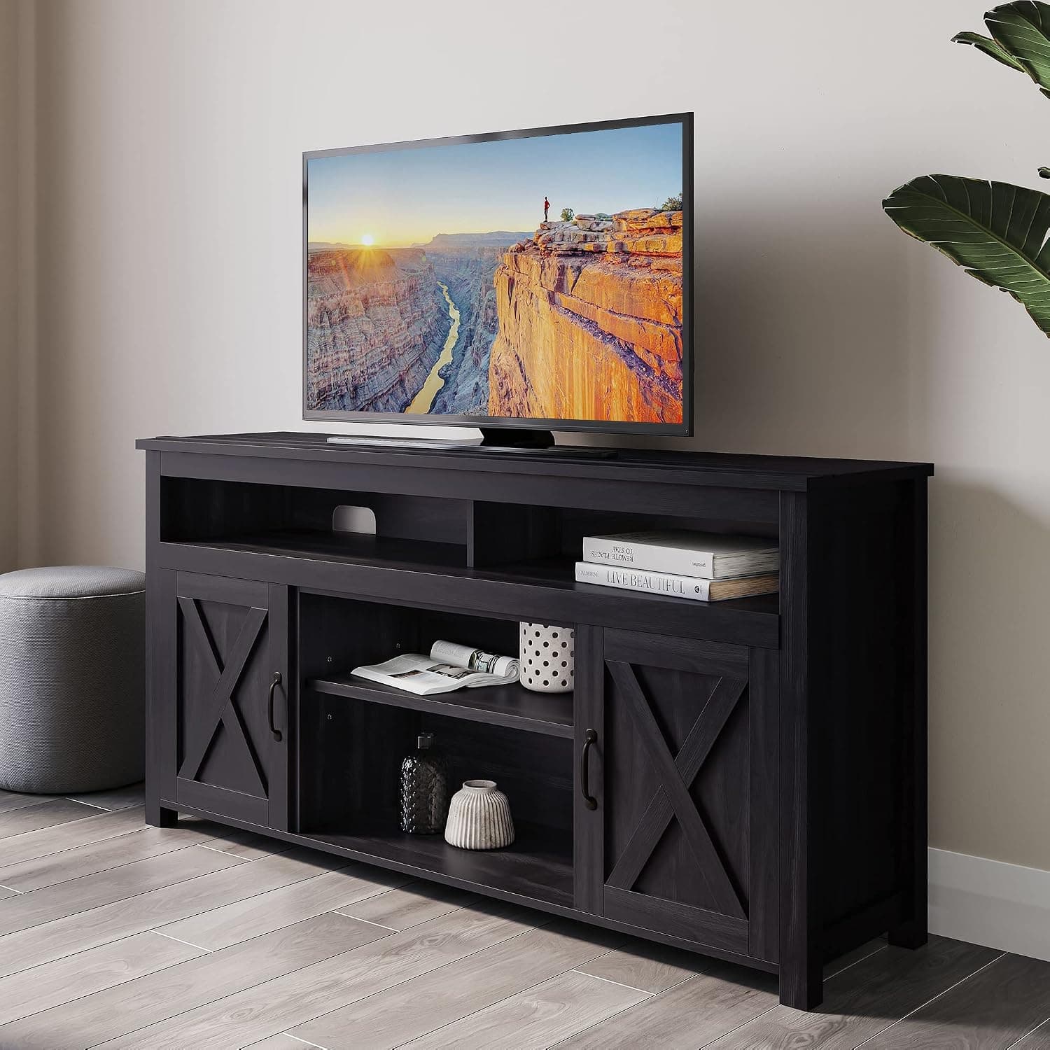 BELLEZE 58 Inch TV Stand, Contemporary Entertainment Center for TVs up to 65", Wood Media Console Table with Two Open Shelves and Barn Door Cabinets - Corin (Rustic Grey)