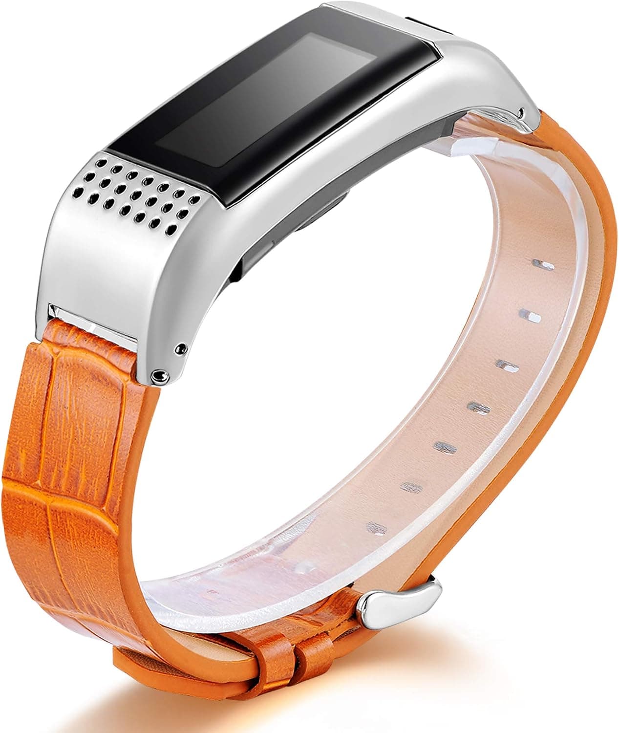 Replacement Strap Compatible Garmin Vivosmart HR+ Bands, Leather Strap With Metal Case Watch Replacement Bracelet Accessory Bands Compatib Garmin Vivosmart HR+,Not for Garmin Vivosmart HR (No Tracker)