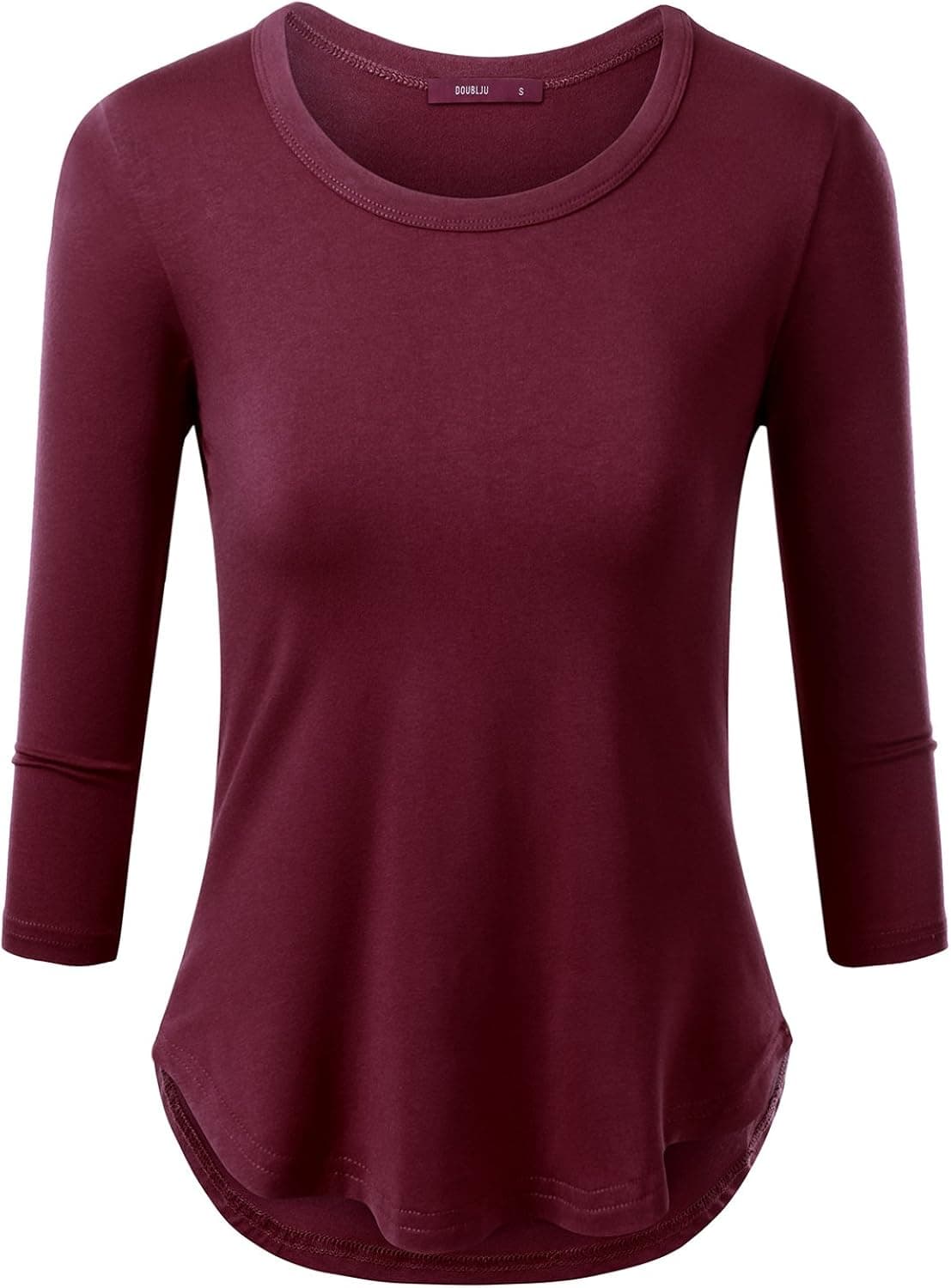 Doublju Round Neck Slim Fit Curved Hem T-Shirt for Women with Plus Size Burgundy Medium