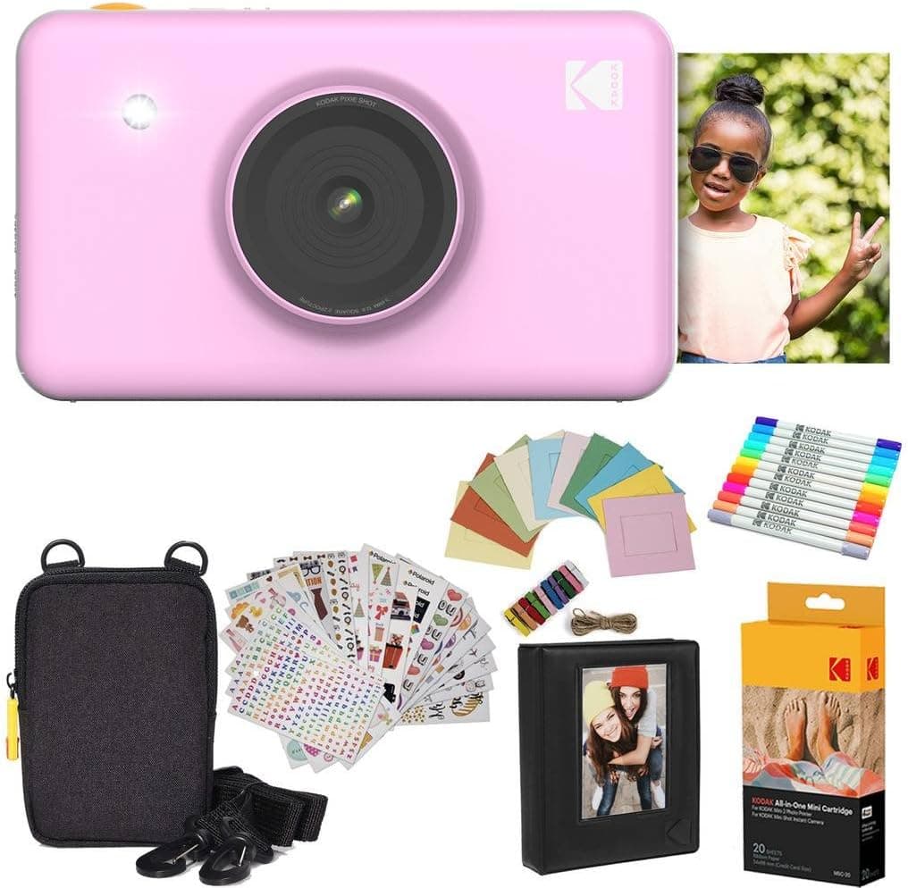 Kodak Mini Shot Instant Camera (Pink) Gift Bundle + Paper (20 Sheets) + Deluxe Case + 7 Fun Sticker Sets + Twin Tip Markers + Photo Album + Hanging Frames, Model:AMZKODMSK3PK