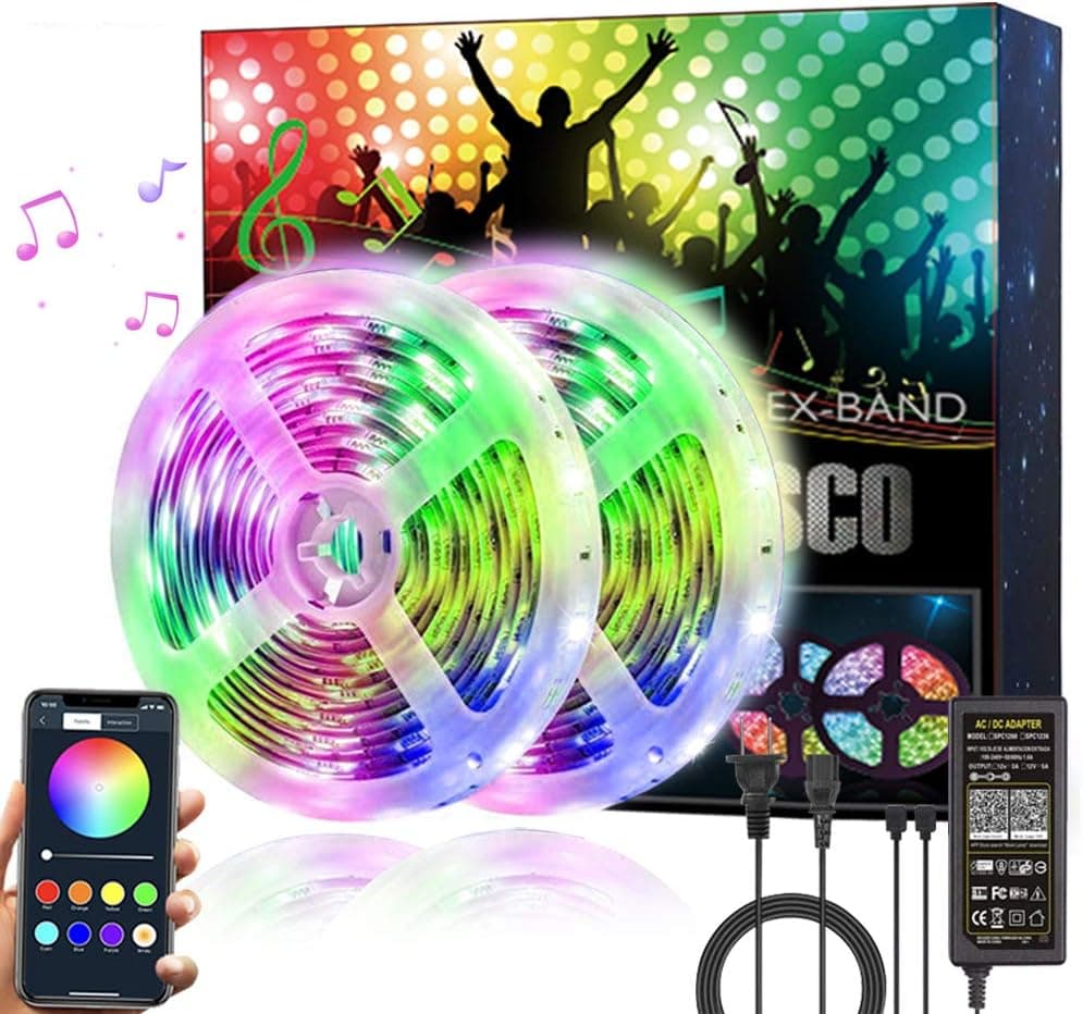 Huamai 32.8ft LED Strip Lights, RGB Music Sync Color Changing Flexible LED Light Strip with Bluetooth APP Control LED Rope Lights , for Bedroom TV Bar Kitchen Party Home Mood Decoration,2roll