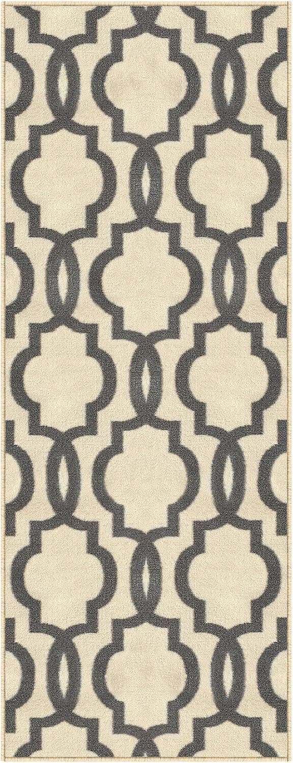 Kapaqua Custom Size Ivory Moroccan Trellis Rubber Backed Non-Slip Hallway Stair Runner Rug 22in X 1ft