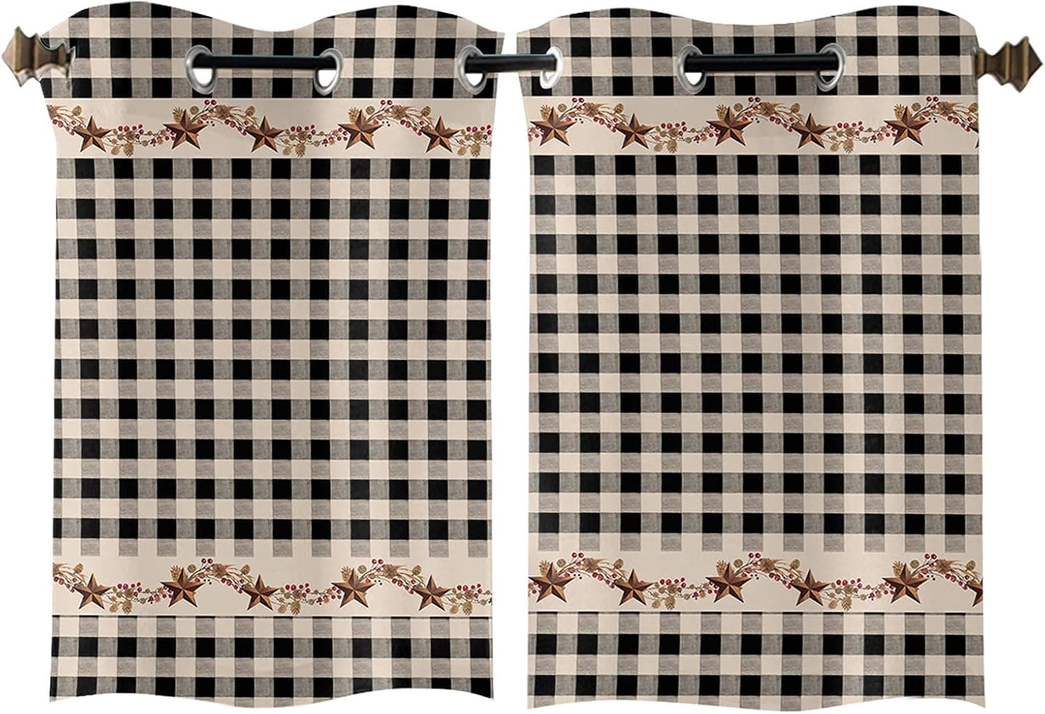 Window Treatment Sheer Curtains Farm Barn Star on Rustic Black White Buffalo Plaid,2 Panels Kitchen Tier Grommet Draperies & Curtains 39 Inch Length for Living Room/Bedroom/Patio/Sliding Glass Door