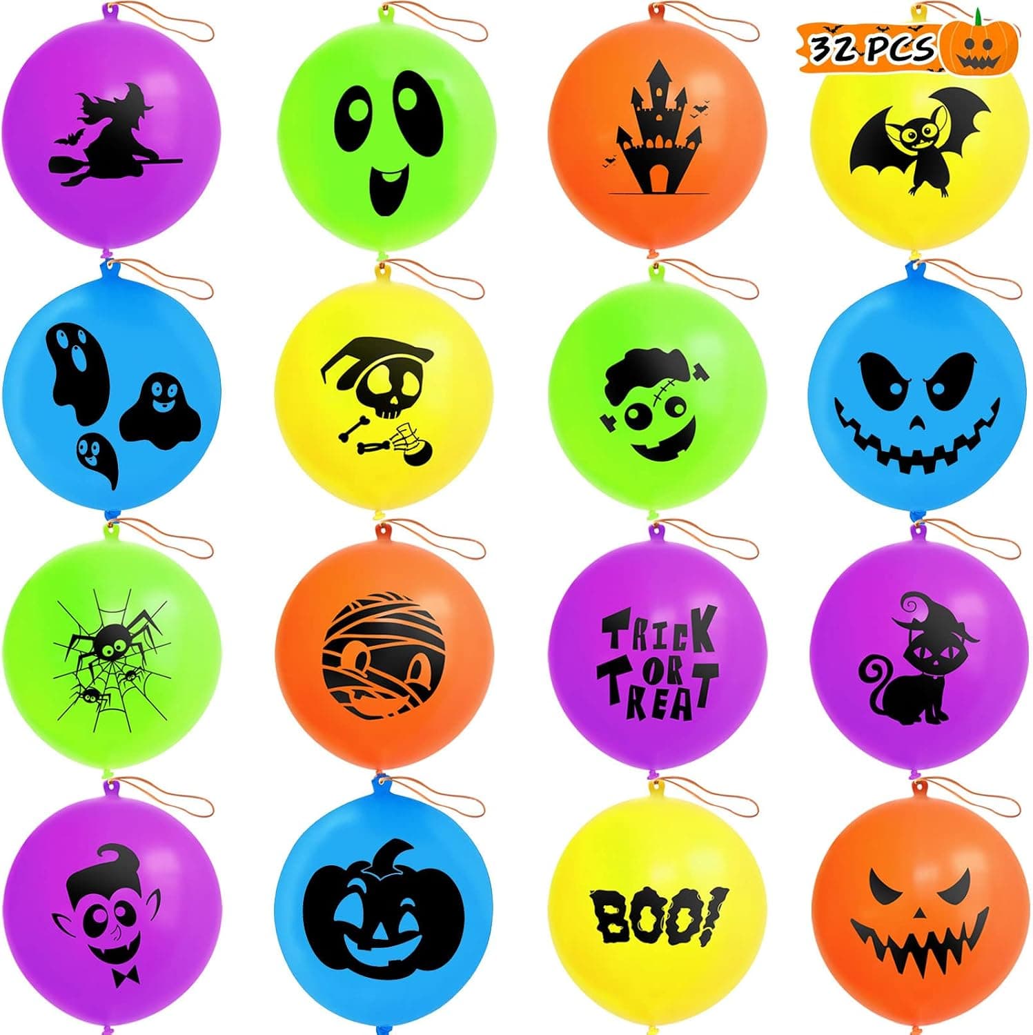 Halloween Punch Balloons for Kids Halloween Party Game Favor Supplies Decorations, 32 Pcs Halloween Balloons for Halloween Prize Punch Game Rewards, Trick or Treat Toys Gift, Halloween Classroom Game