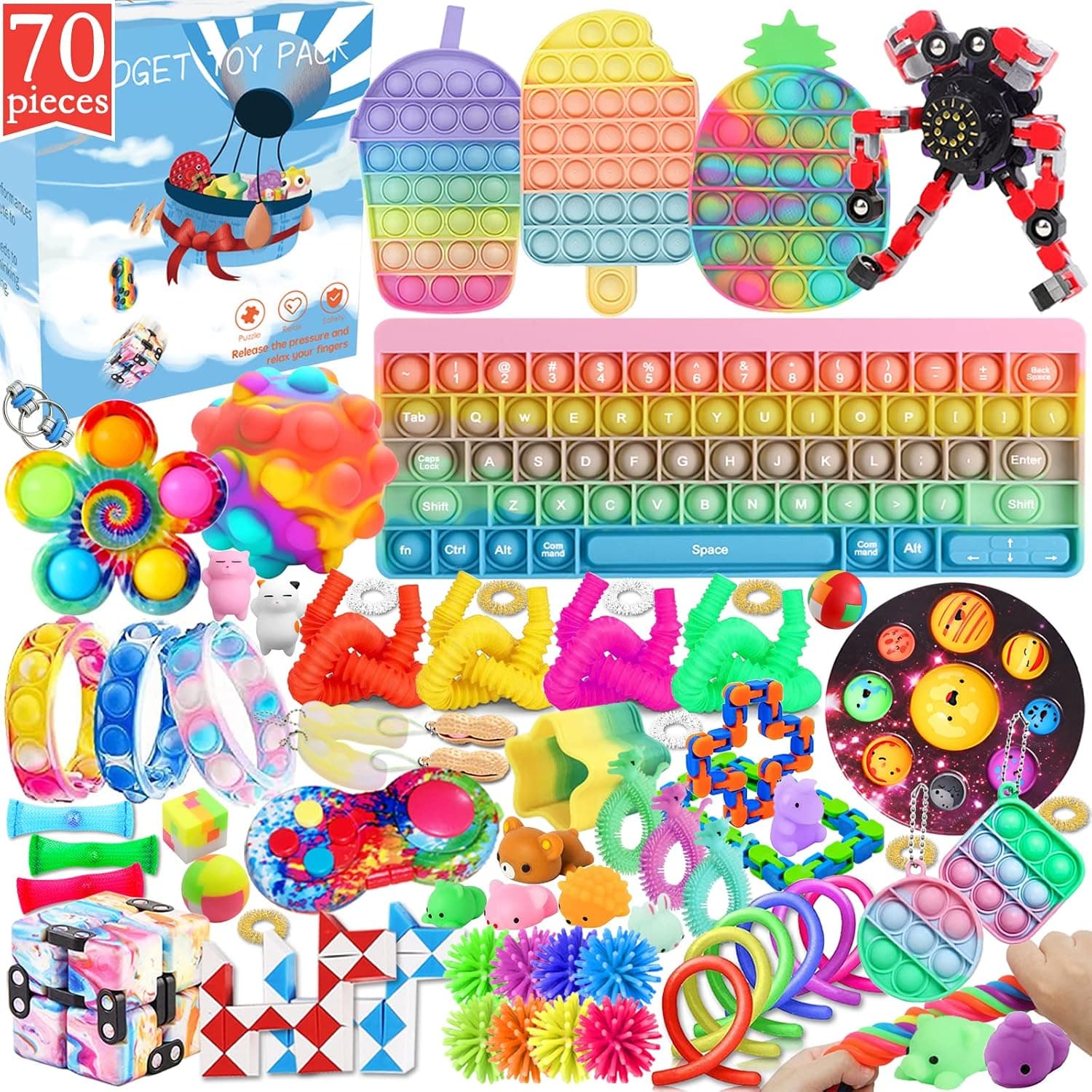 70Pcs Fidget Packs Anti-Anxiety Tools , Cheap Fidget Toy Pack with Big Keyboard Sensory Stress Relieve Fidget Toy Set for Kids Adults (Fidget Pack-B)
