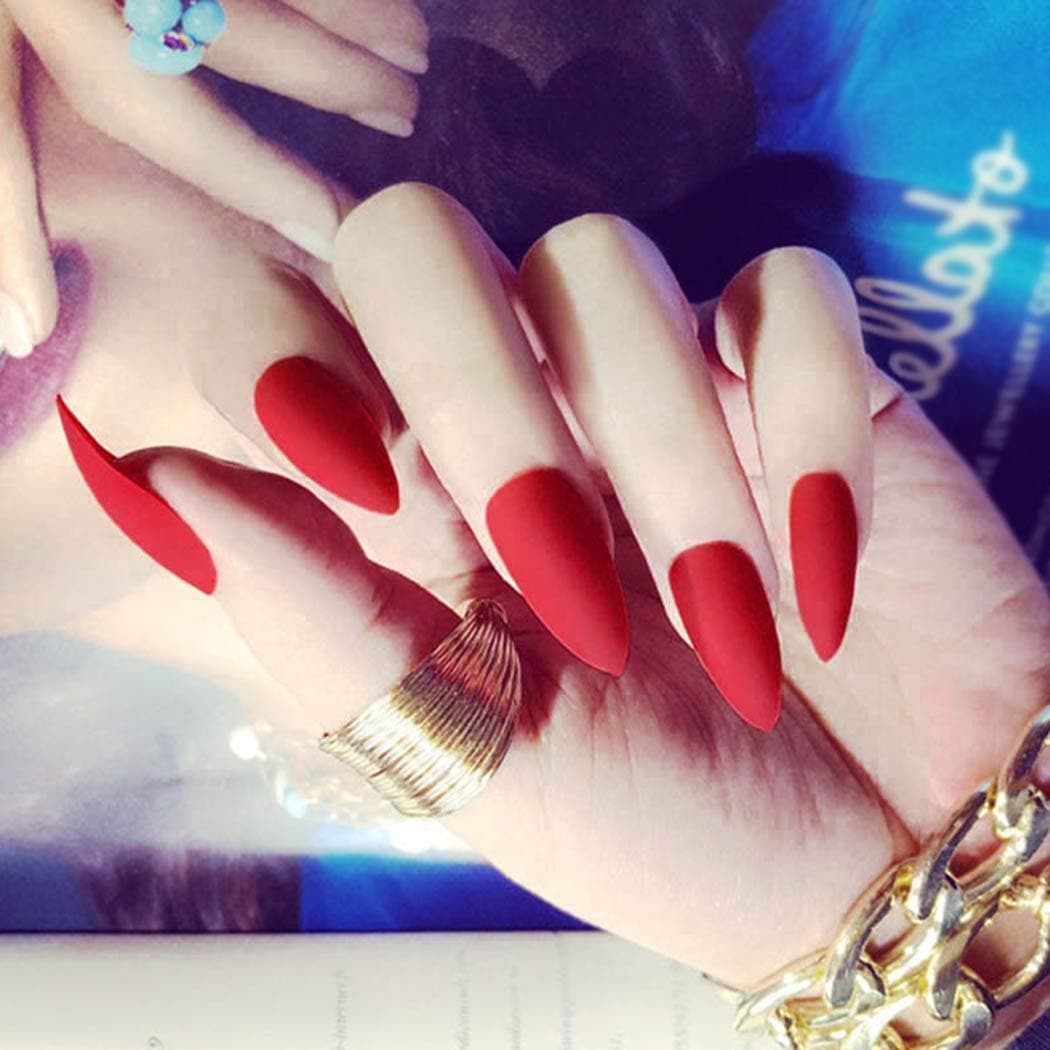 Milanco False Nails Full Cover Matte Fake Nails Shape Nails Sharp Art 24Pcs Stiletto Nail for Women (Red)