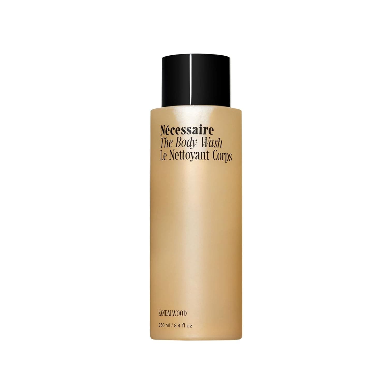 Nécessaire The Body Wash. Sandalwood. Multi-Vitamin Gel Cleanser. Nourish, Soften. Hypoallergenic. Dermatologist-Tested. No SLS/SLES. 250 ml / 8.4 fl oz