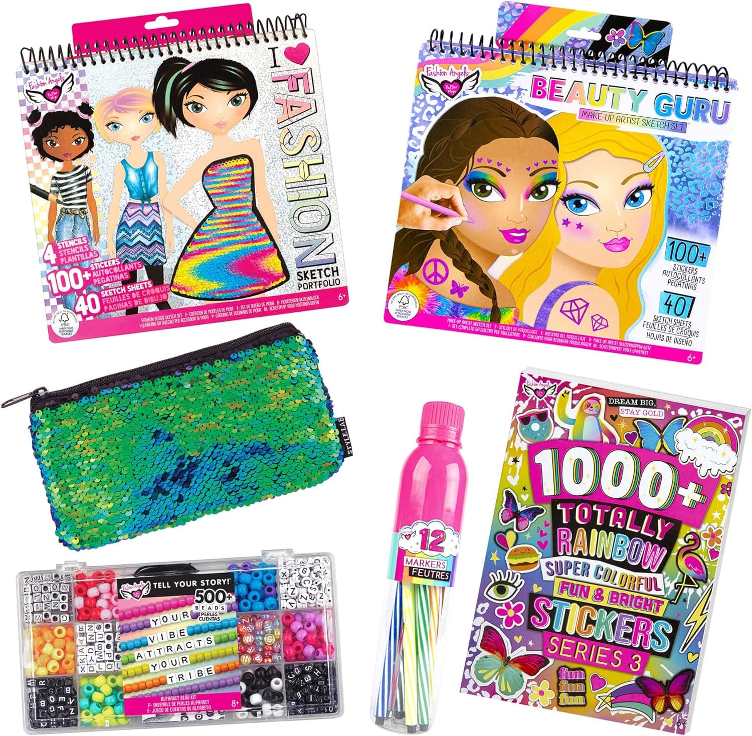 Fashion Angels Craft Activity Essentials Super 6 Pack- (32676), Includes Bead Kit, Sticker Book, Fashion & Make-up Sketch Portfolios, Marker Set, Pencil Pouch, Amazon Exclusive, for Ages 8 & Up