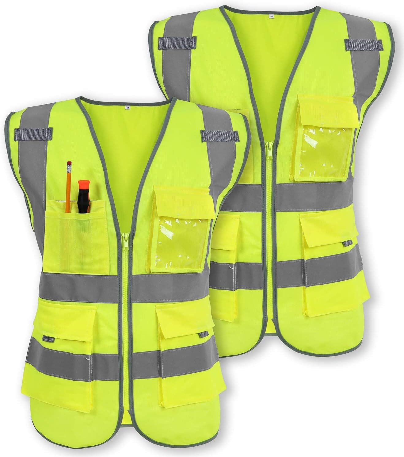 Pack of 2 Safety Vest Reflective Strips Yellow with Front Zipper 9 Pockets, Class 2 High Visibility Meets ANSI/ISEA Standards by Galashield (XX-Large)