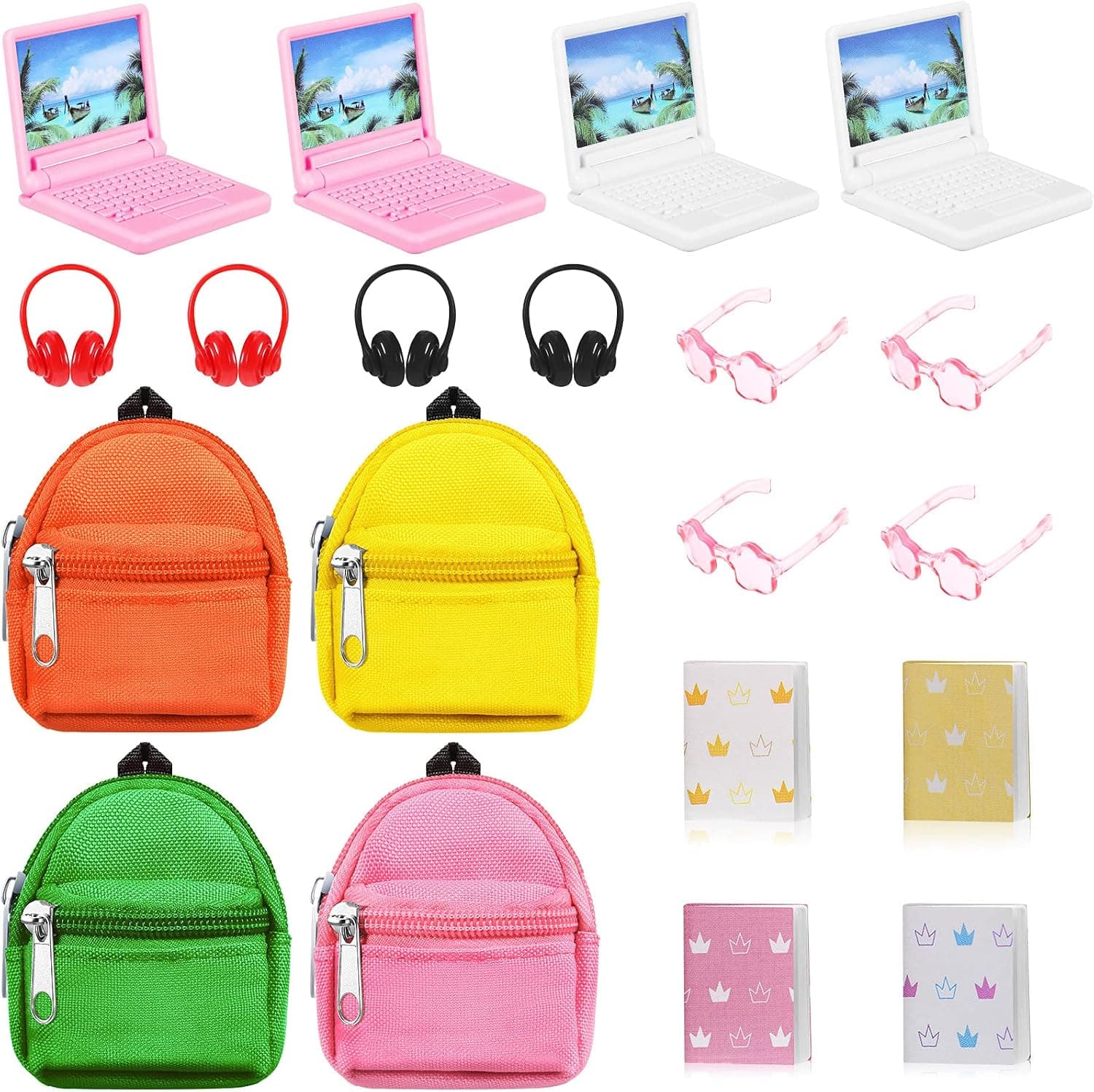 20 Pieces Doll Travel Accessories Include Mini Laptop Scene Simulation Doll Backpack Bag with Zipper Mini Headsets Toy Sunglasses Mini Book for 1/12 1/6 Scale Dolls House Decoration (Elegant Style)