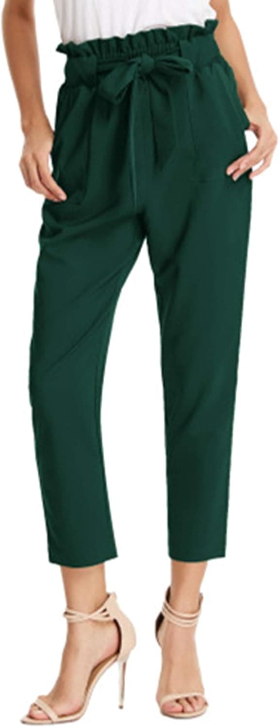 GRACE KARIN Women Pants Ruffled High Waist Casual Pants Cropped Striped Pants