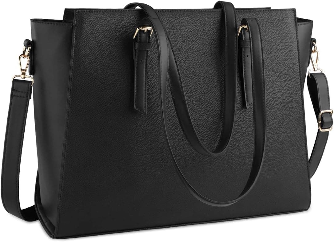 Laptop Bag for Women 15.6 Inch Waterproof Laptop Tote Bag Large Leather Computer Briefcase Womens Business Professional Office Work Bag Lightweight Shoulder Handbag,Black