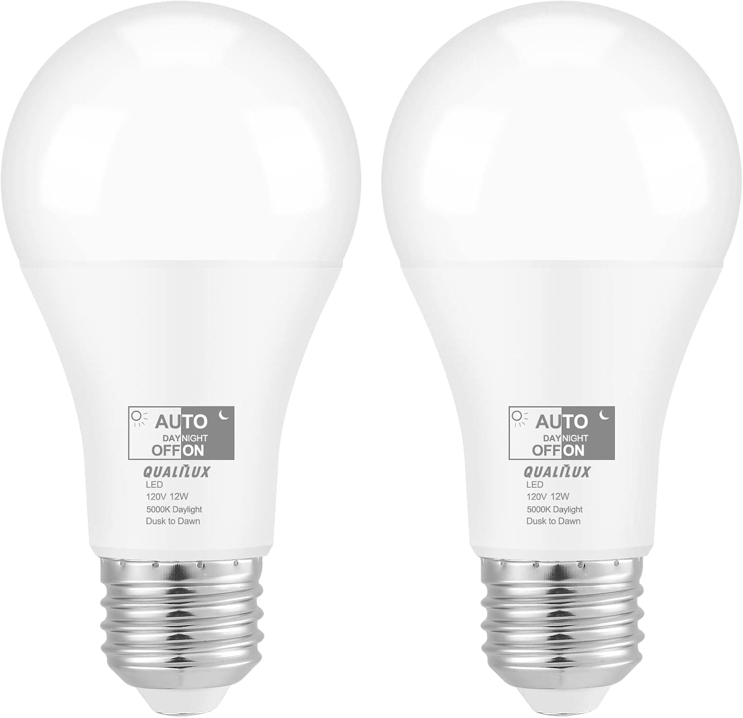 Qualilux Dusk to Dawn A19 Light Bulbs 12W 1000LM, Daylight 5000K, 360degree Light Sensing LED Bulb Outdoor, E26, 2-Pack, HQ-H023