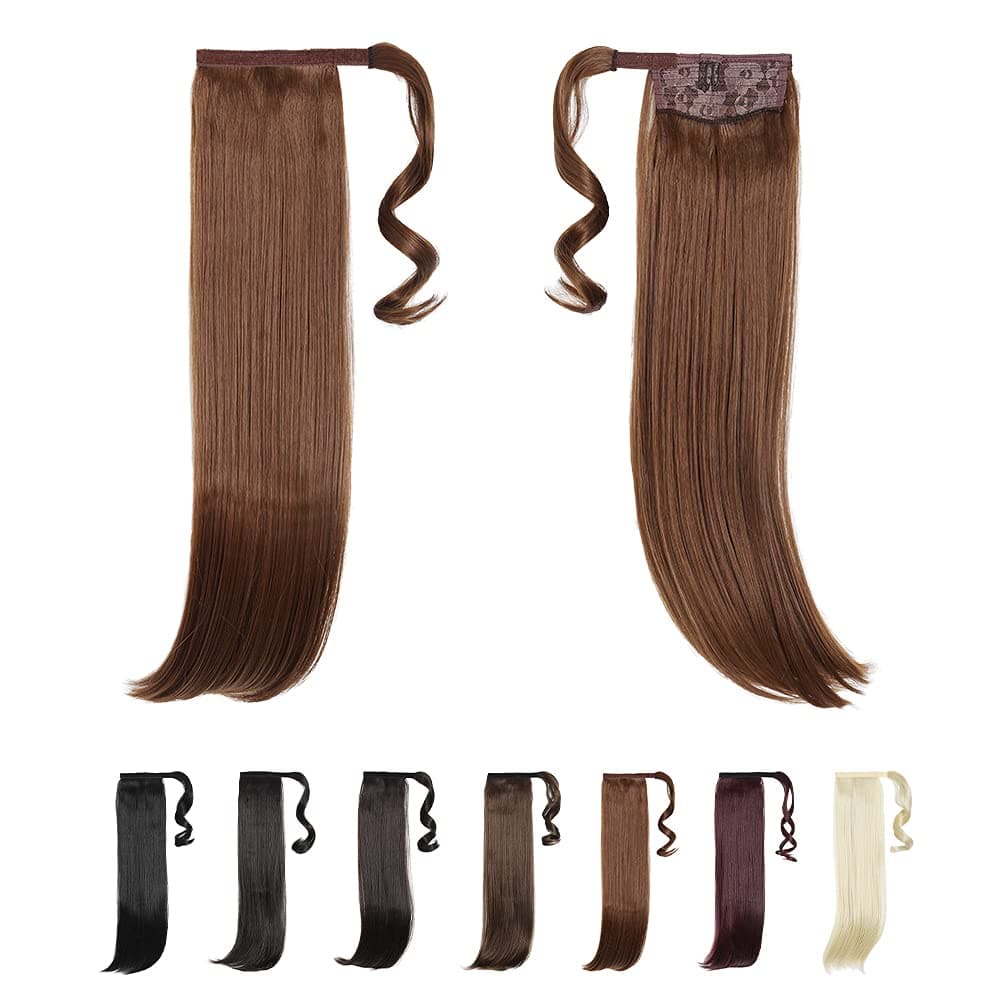 Long Ponytail Extension Copper Brown Straight Hair 22inch Synthetic VelcroED With Clip On Heat Resistan Wrap Around Ponytail Hairpiece For Women (CopperBrown)