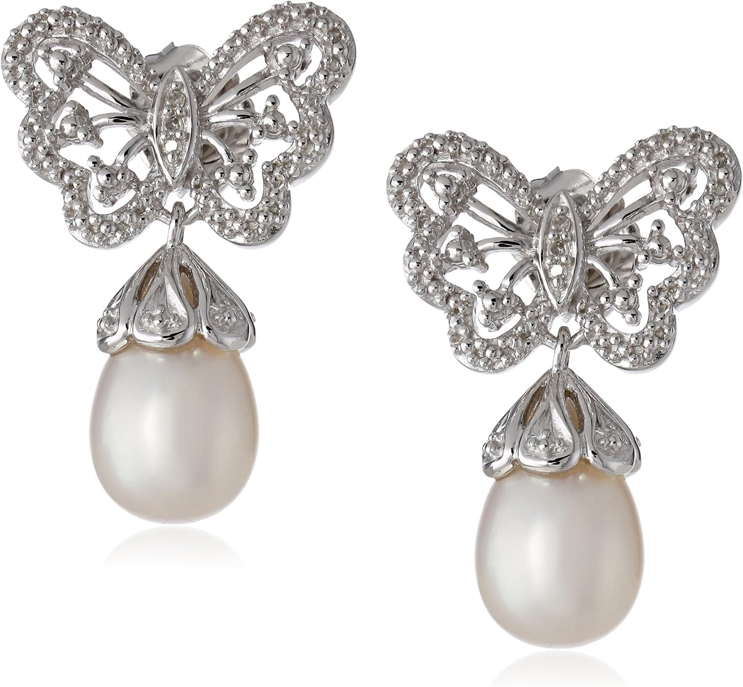 Amazon Collection Sterling Silver Freshwater Cultured Pearl Diamond Butterfly Drop Earrings