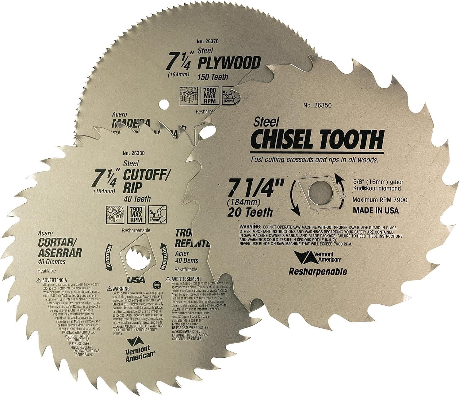 Vermont American 26406 3 Blade 7-1/4-Inch 40 Tooth Saw Blade, 7-1/4-Inch 20 Tooth Ripping Blade, and 7-1/4-Inch 150 Tooth Blade Combo Pack