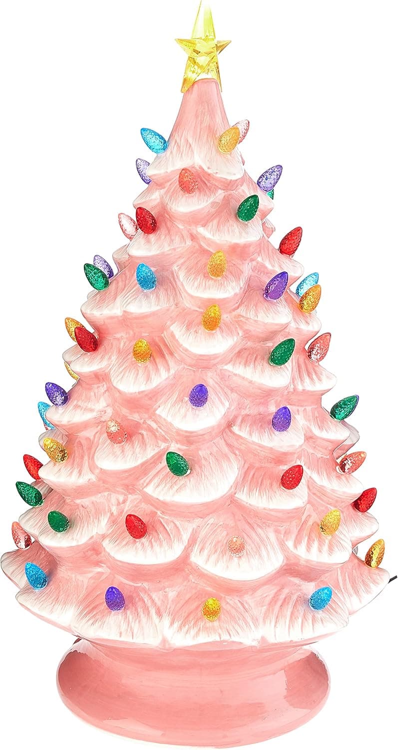 Mr. Christmas Nostalgic Ceramic Christmas Tree with LED Lights Indoor Decoration, 24 Inches, Pink