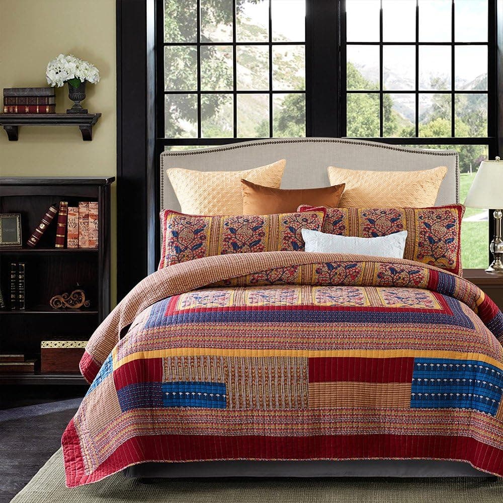 Lecoda Cotton Bedspread Vintage Jacquard Style Bohemian King Comforter Reversible 3-Piece Patchwork Quilt Sets Bedspread Queen Size (Queen Size, Vintage)