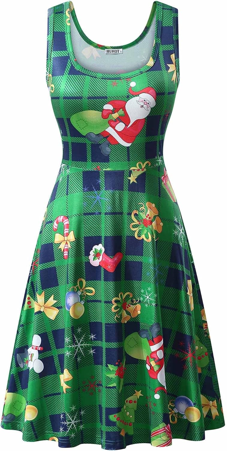 HUHOT Christmas Dresses Women Xmas Gift Printed A Line Flared Party Tank Dress (Small, Plaid)