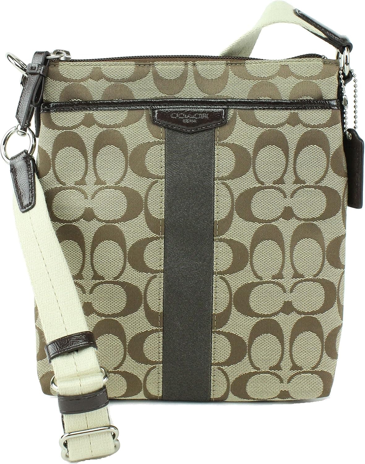 COACH F51157 SIGNATURE STRIPE NORTH/SOUTH SWINGPACK SILVER/KHAKI/MAHOGANY