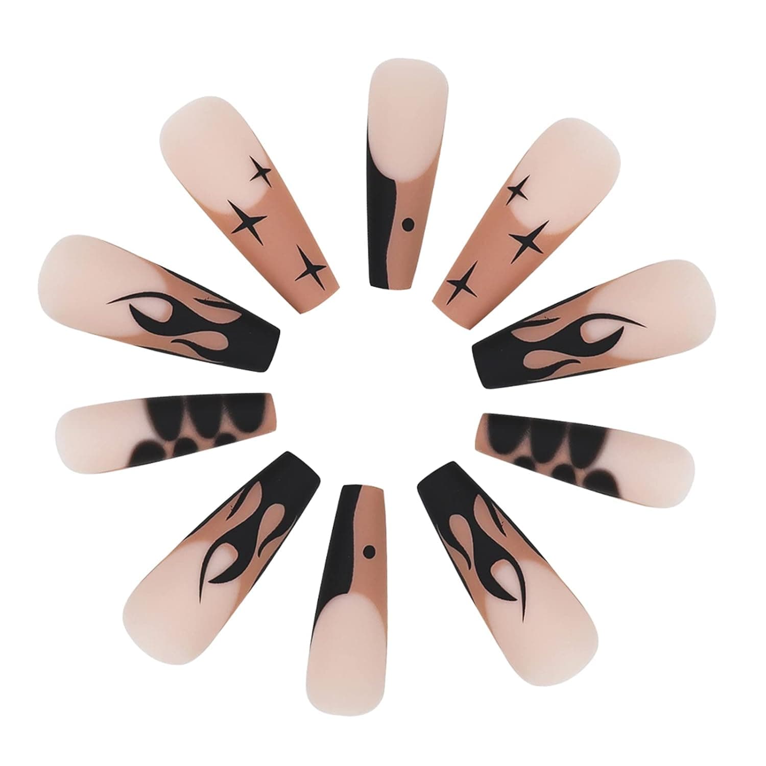 24PCS Press on Nails Long Fake Nails With Nail Glue,PYRMONT French Black Fire Fake Nails Glue on Nails,Glossy Acrglic Nails,Full Cover Coffin Stick on Nails for Women and Girls