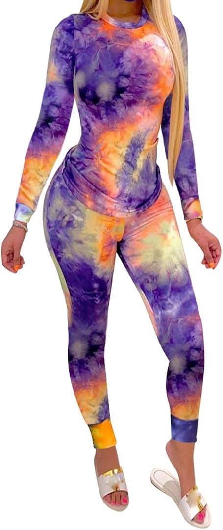 Womens Casual 2 Piece Outfits Tie Dye Long Sleeve T-Shirt Bodycon Pants Sports Sets