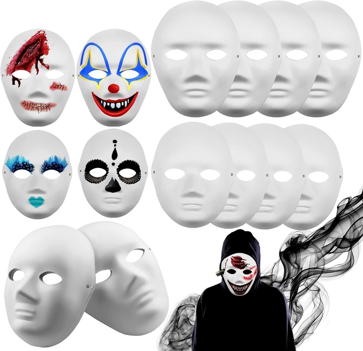 MotBach 8 Pack Blank White Paper Masks with Tied Ropes, Full Face Opera Mask, Paintable Paper Mask, Cosplay Masquerade Mask for Party, DIY Creativity, Carnival and Halloween (Men and Women)