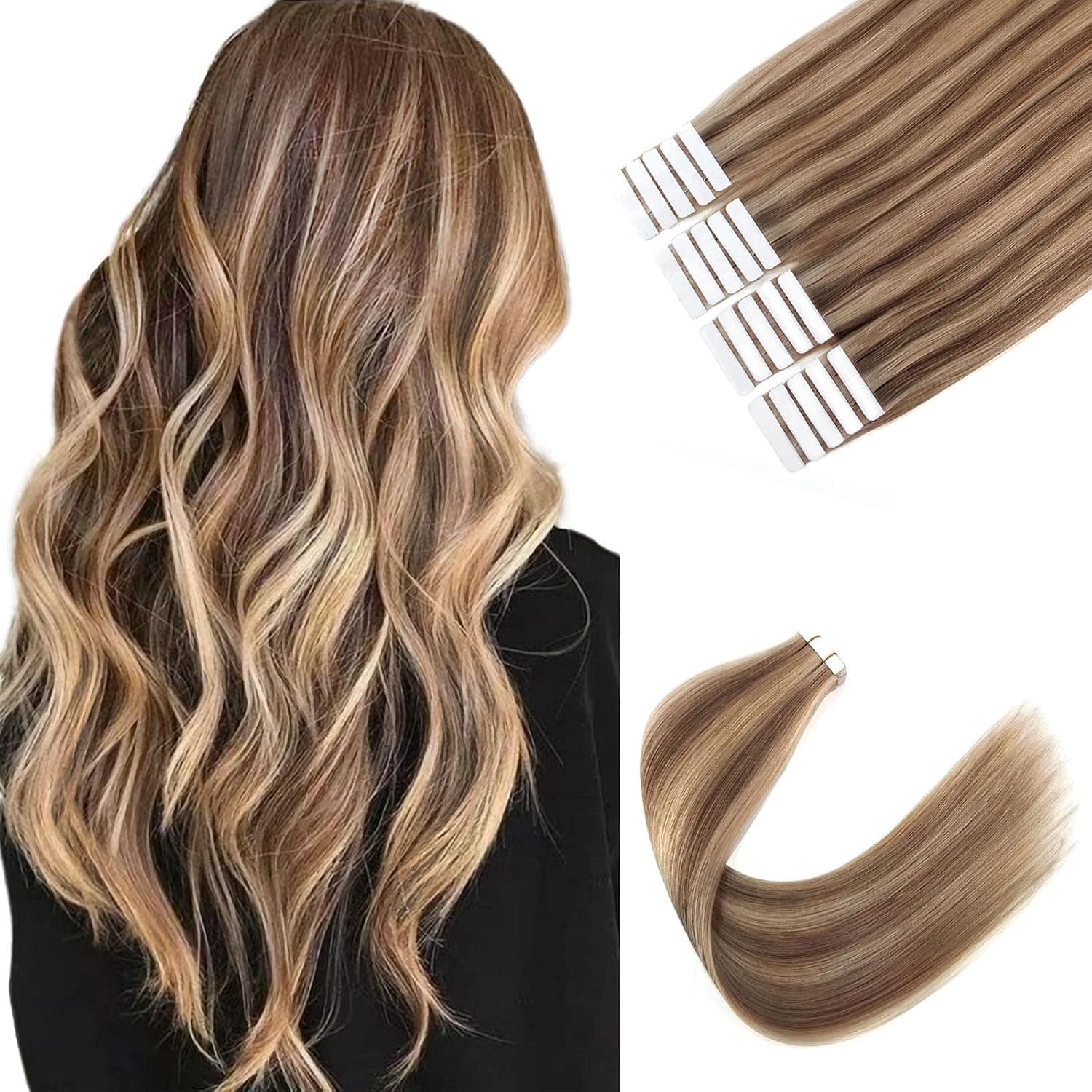 Sixstarhair Tape in Hair Extensions Brown With Highlights Color Chocolate Brown Mixed with Light Golden Brown Seamless Skin Weft Tape In Extensions 50g [P4-12 18inch]
