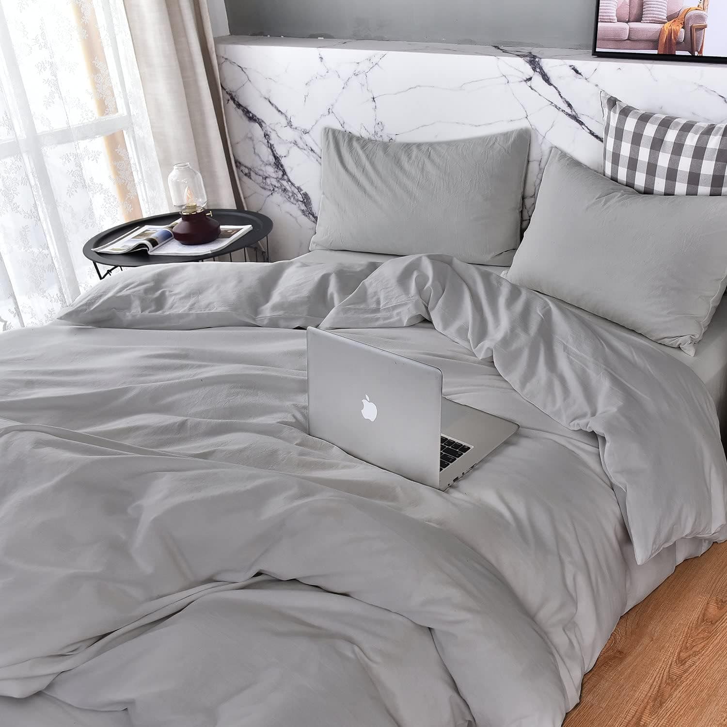 Grey Duvet Cover King Size - Cotton-Like Washed Microfiber King Duvet Cover Set 3 Piece, Ultra Soft King Comforter Cover Grey Quilt Cover with Zipper Closure, 1 Cover, 2 Pillow Shams