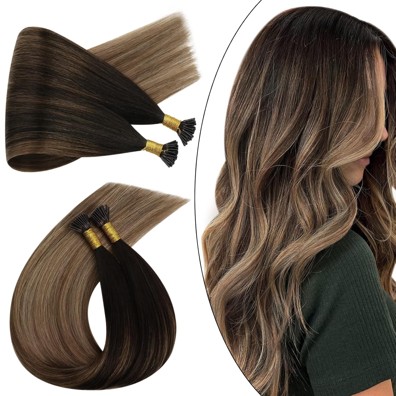 Ugeat 18 Inch I Tip Hair Extensions #2/6/12 Balayage Brown with Blonde Itip Human Hair Extensions 40 Grams Cold Fusion Hair Extensions Pre Bonded Extensions