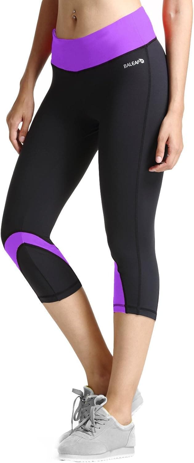 BALEAF Women's Yoga Running Workout Capri Legging Hidden Pocket Non See-Through Fabric Purple Size XS